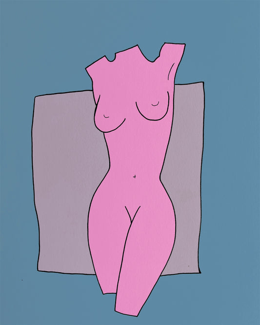 Statue of a woman in blue grey and pink