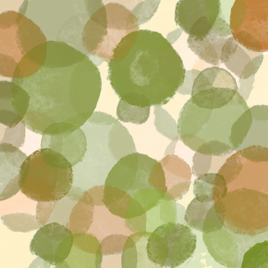 Circles floating in space in shades of green and brawn