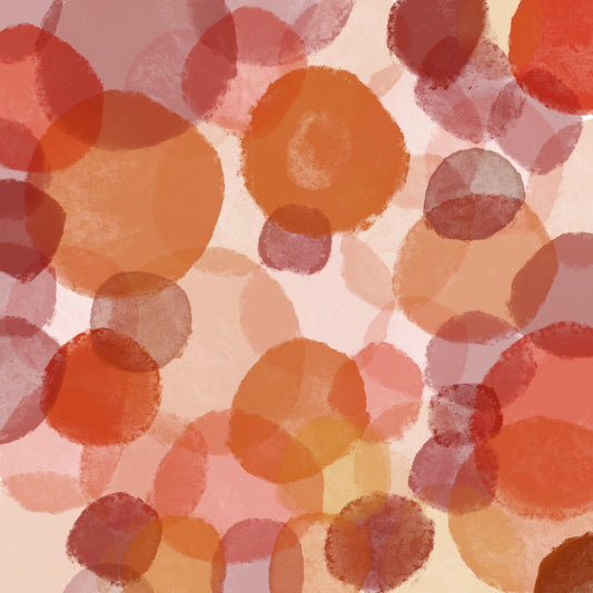 Circles floating in space in shades of rad and orange
