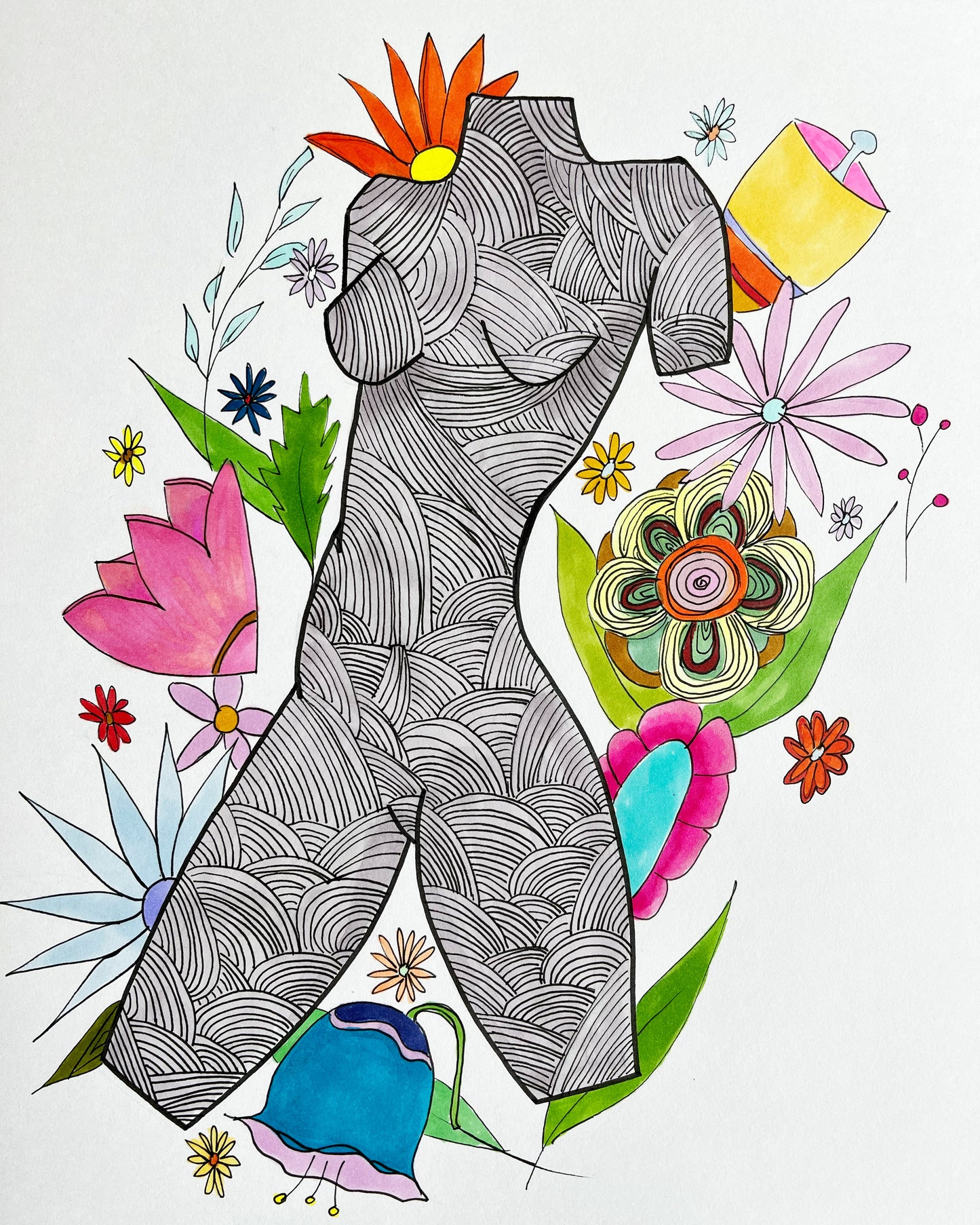 Black and white statue with colorful flowers